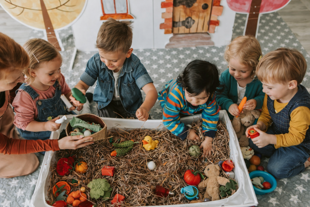 Children having sensory play with educator